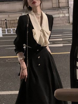 Women Black Midi Korean Dress Crop Top Short Coats + Skirt 2023 Autumn Fashion Outfits Trends