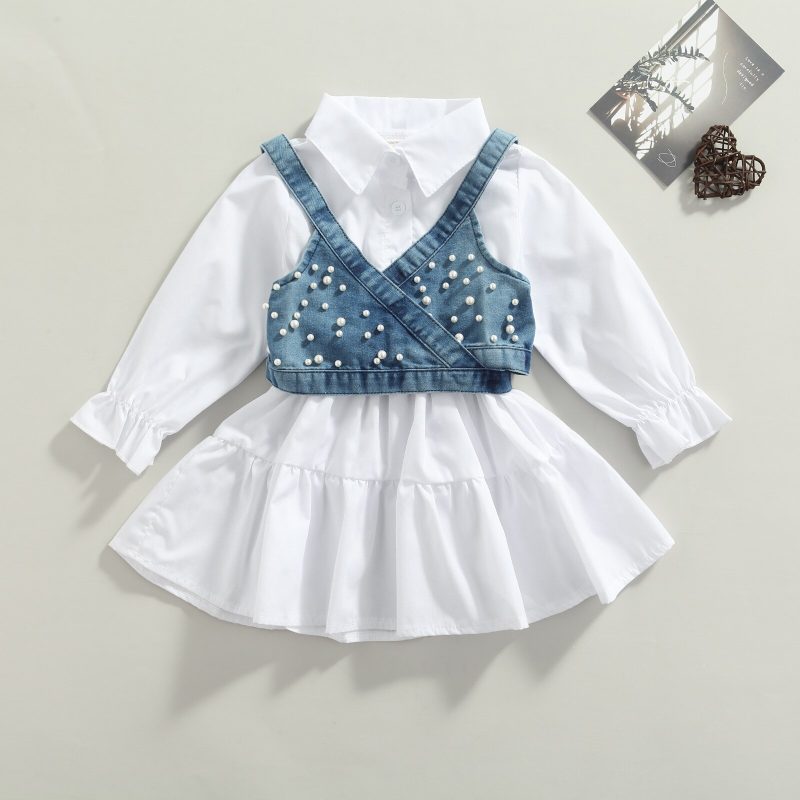 Baby Girl Clothes Long Sleeve Dress Denim Beading Vest 2Pcs Outfits - Image 2
