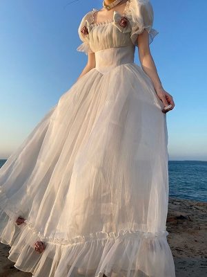 Women French White Princess Dress summer bow mid-length Dress