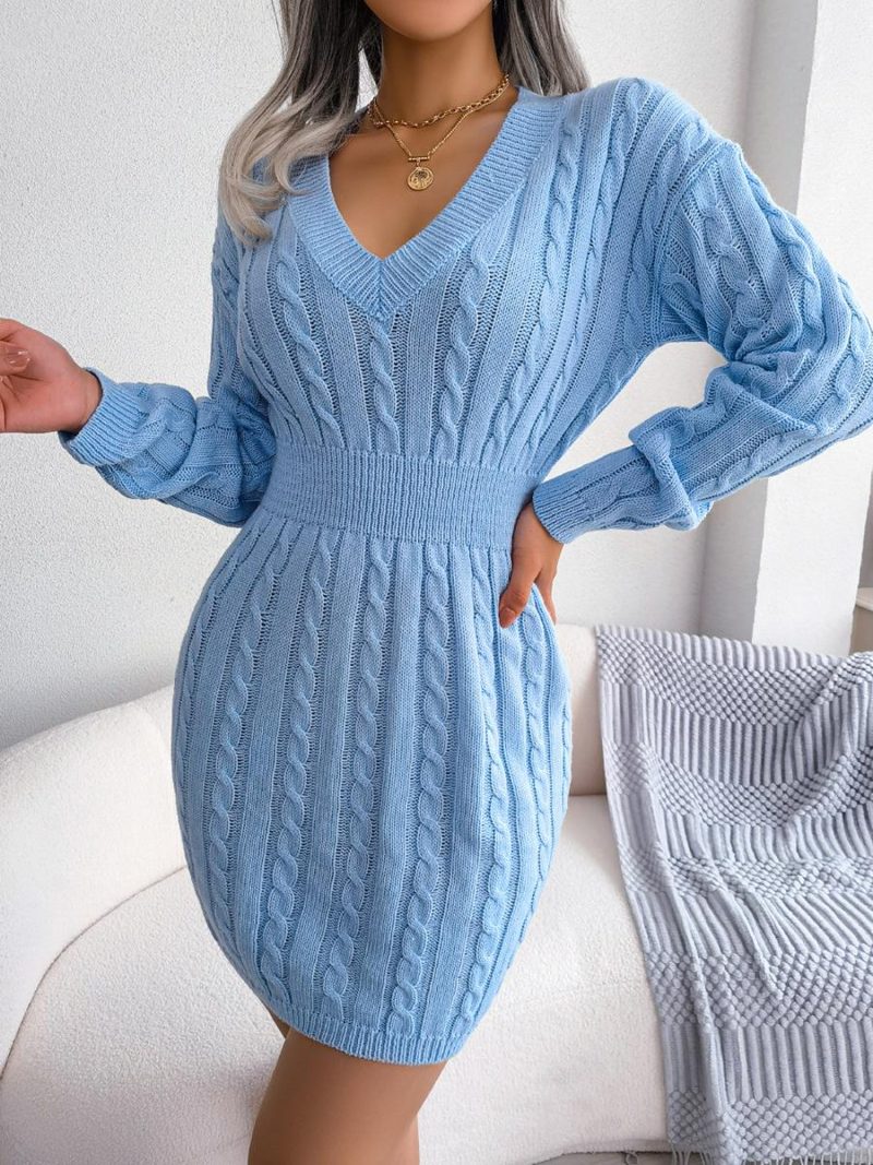 Sweater Dress Women Elastic Waist Long Sleeve Knitted Dress Autumn Winter Solid V Neck Mini Party Dress Knit Sweater Dress - Image 3