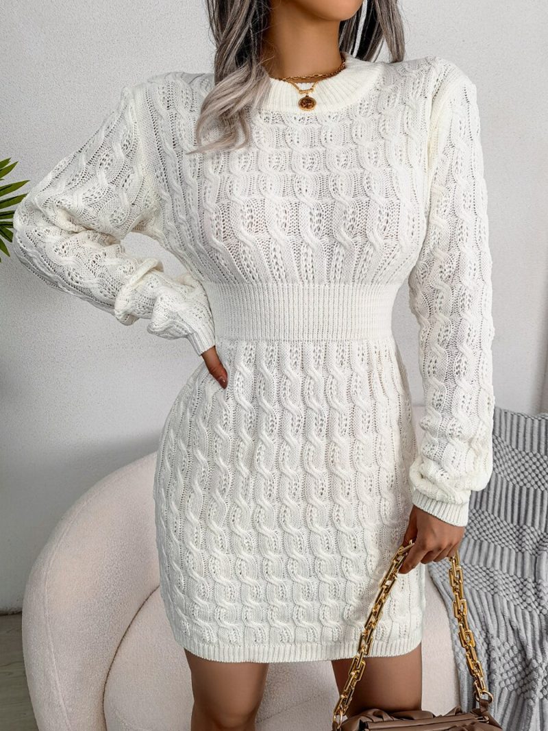 Sweater Dress Women Elastic Waist Long Sleeve Knitted Dress Autumn Winter Solid V Neck Mini Party Dress Knit Sweater Dress - Image 5