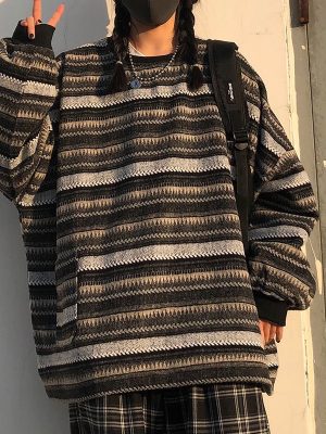 Women Autumn Pullover Vintage Striped Oversize Sweater