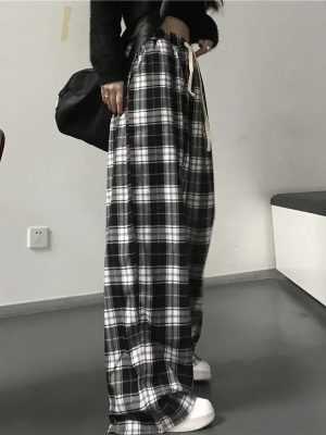 Women Black and White Oversized Plaid Pants 2023 Spring Summer Outfits