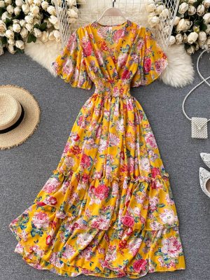 Women Bohemian Floral Printed Long Dress 2023 Summer Fashion Outfits