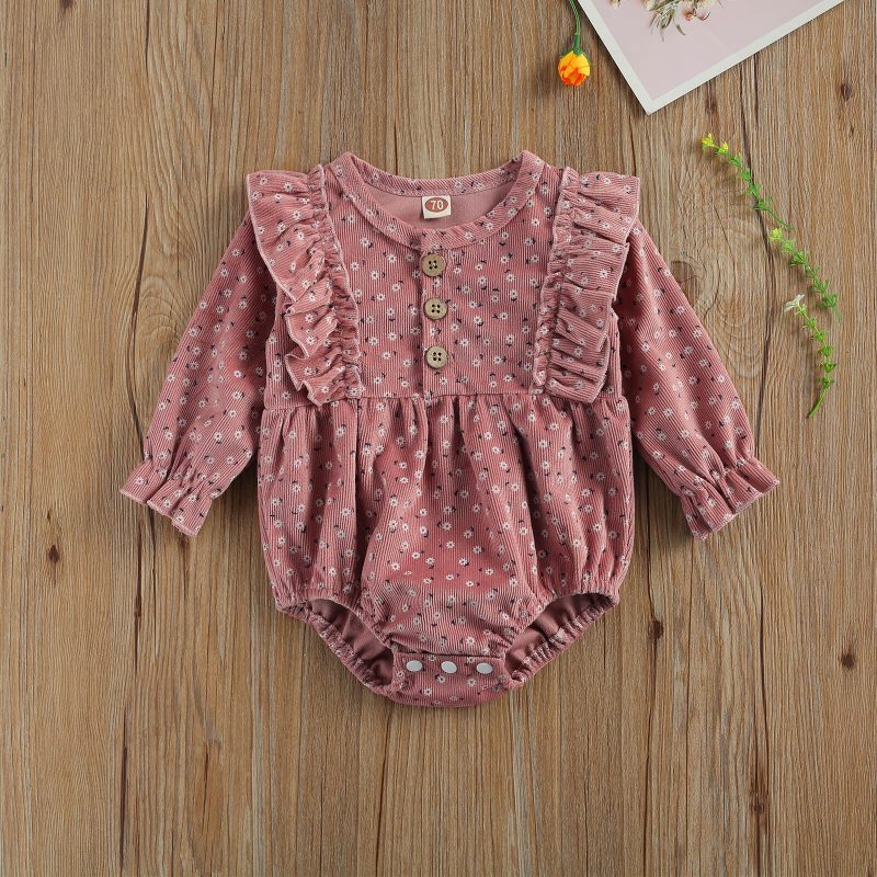 Cute Baby Corduroy Floral Print Long Sleeve Romper Jumpsuit - Image 2