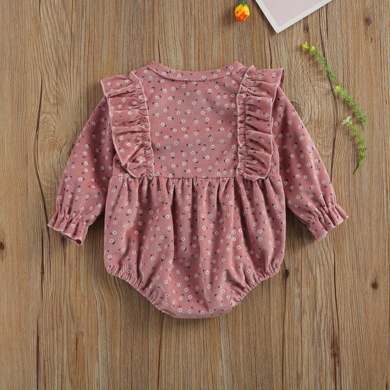 Cute Baby Corduroy Floral Print Long Sleeve Romper Jumpsuit - Image 3