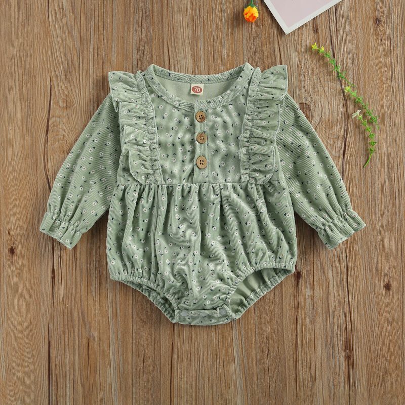 Cute Baby Corduroy Floral Print Long Sleeve Romper Jumpsuit - Image 4