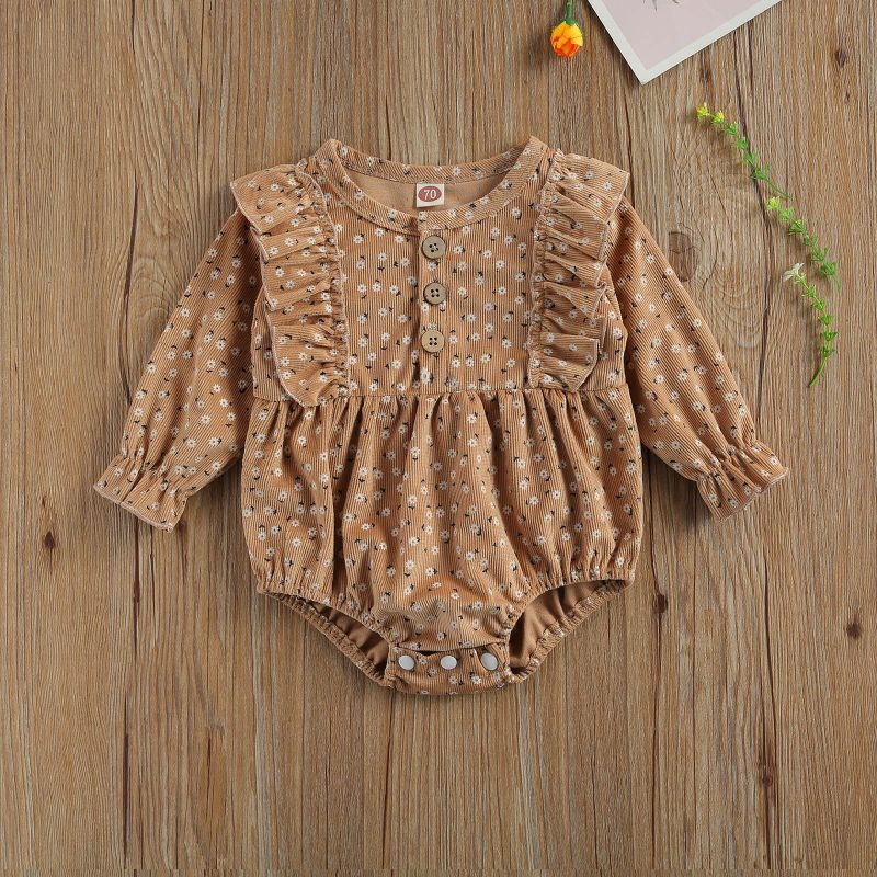Cute Baby Corduroy Floral Print Long Sleeve Romper Jumpsuit - Image 5