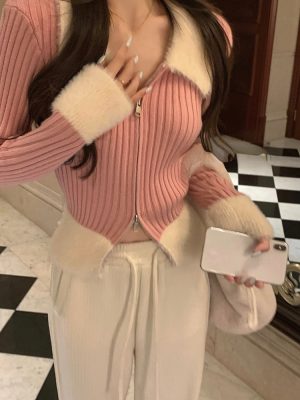 Faux Fur Knitted Sweater Women Design Slim Elegant Zipper Pullover Office Lady Casual Y2k Crop Tops Korean Fashion 2022 Winter