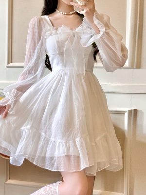 Women French Sweet Fairy Lolita Dress Long Sleeve Lace Y2k Mini Dress