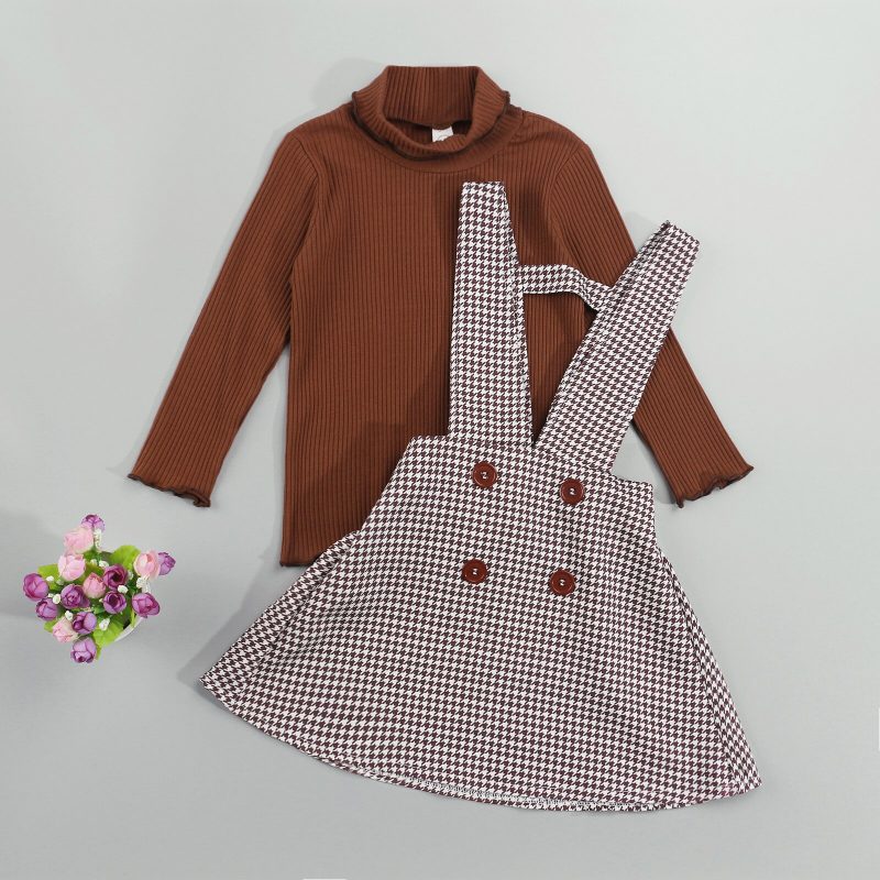 Girls 2 Pieces Suit Solid Turtleneck Tops+Plaid Suspender Skirt Kids 1-6Y - Image 2