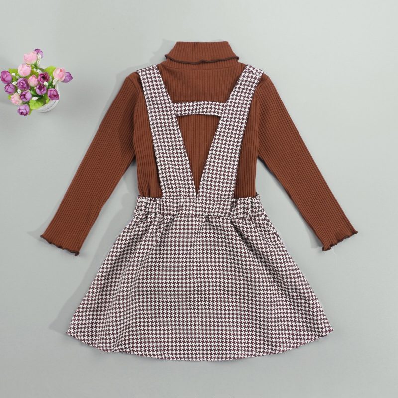 Girls 2 Pieces Suit Solid Turtleneck Tops+Plaid Suspender Skirt Kids 1-6Y - Image 3