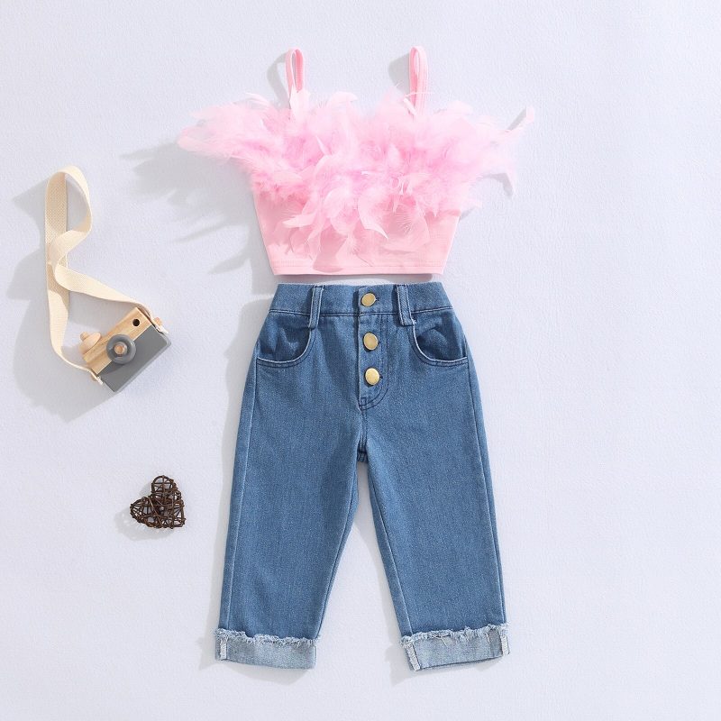 Kid Children Pink Sleeveless Feather Camisole + Denim Pants with Pockets - Image 2