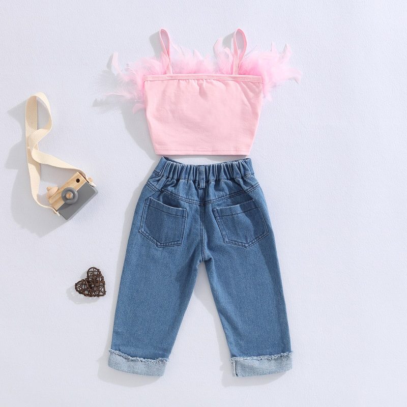 Kid Children Pink Sleeveless Feather Camisole + Denim Pants with Pockets - Image 3