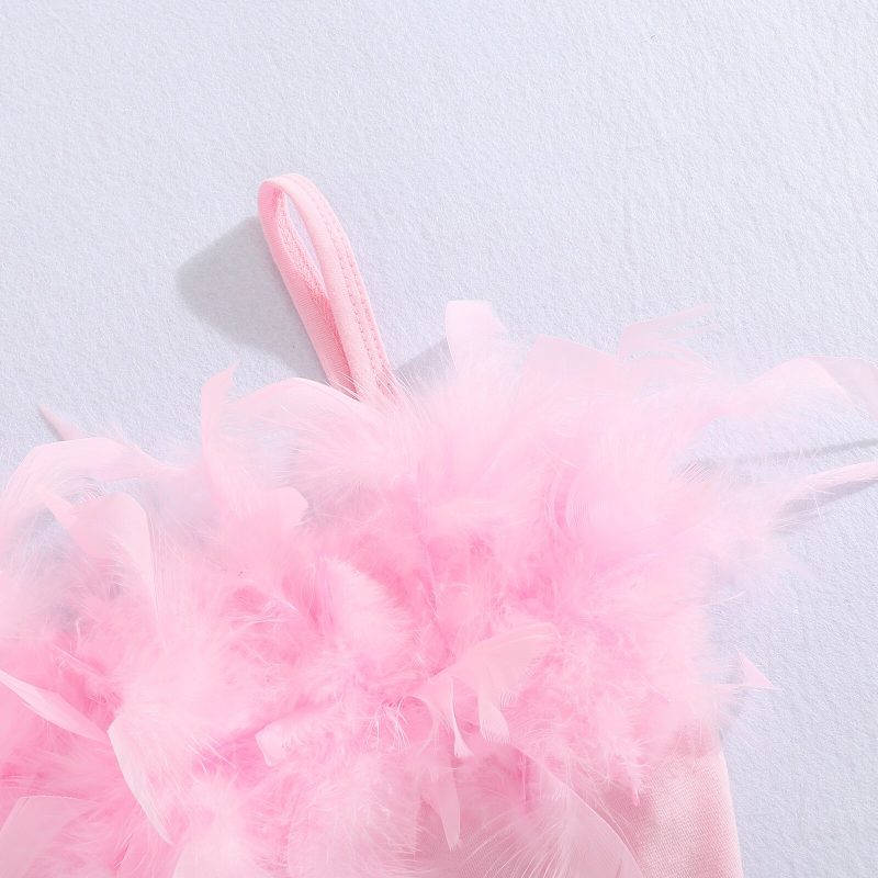 Kid Children Pink Sleeveless Feather Camisole + Denim Pants with Pockets - Image 4
