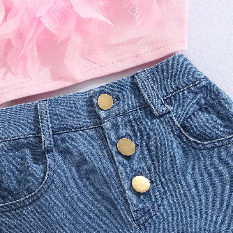Kid Children Pink Sleeveless Feather Camisole + Denim Pants with Pockets - Image 5