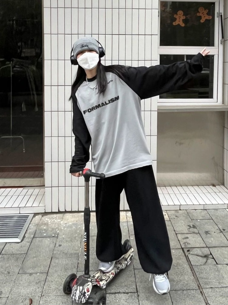 Basic Cotton Long Sleeve Gray Tshirt Harajuku Vintage Streetwear Oversize Loose Patchwork T Shirt - Image 3