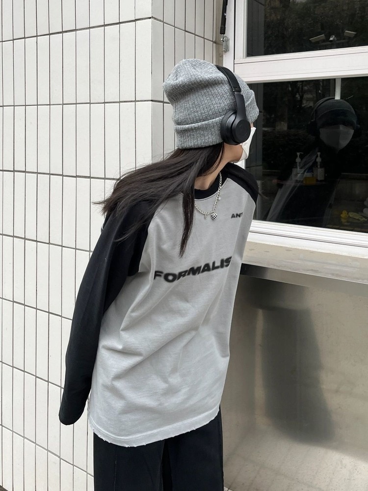 Basic Cotton Long Sleeve Gray Tshirt Harajuku Vintage Streetwear Oversize Loose Patchwork T Shirt - Image 5