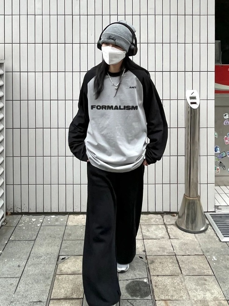 Basic Cotton Long Sleeve Gray Tshirt Harajuku Vintage Streetwear Oversize Loose Patchwork T Shirt - Image 6