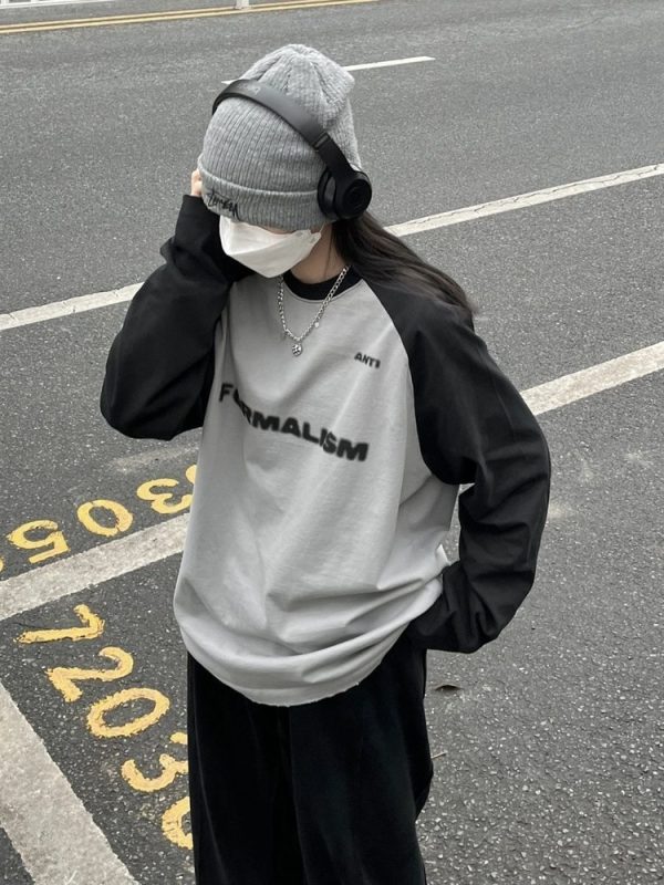 Basic Cotton Long Sleeve Gray Tshirt Harajuku Vintage Streetwear Oversize Loose Patchwork T Shirt