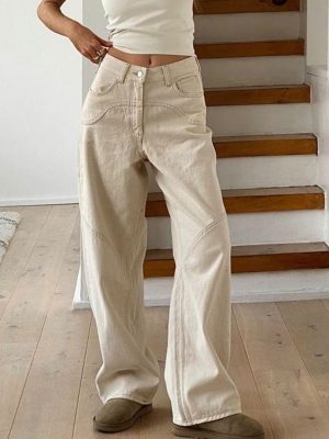 Beige Jeans Baggy Women Casual Denim Trousers Vintage High Waist Wide Leg Pant