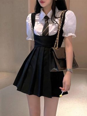 Girls Black Pleated Mini Dress Women Kawaii Vintage Preppy Style High Waist Sleeveless Strap Dress