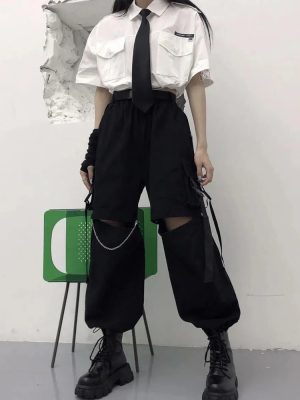 Gothic Streetwear Women’s Cargo Pants with Chain Punk Techwear Black Oversize Korean Fashion Wide Leg Trousers