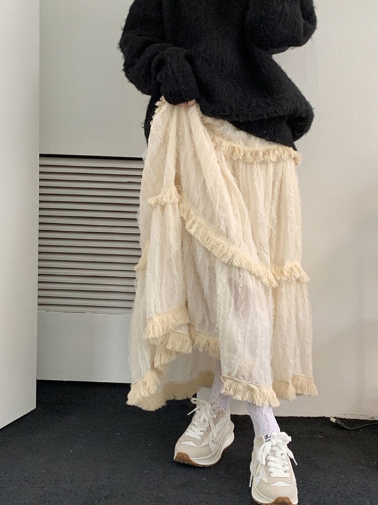 Girls Korean Lace Long Skirt Women Vintage Cute High Waist Loose - Image 2