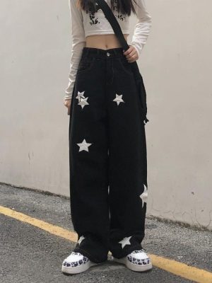 Retro Streetwear Black Cargo Jeans Women Gothic Punk Vintage Kpop Print Wide Leg Denim Pants