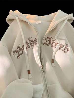 Women High Street Letter Embroidered Oversized Vintage Zipper Hoodies