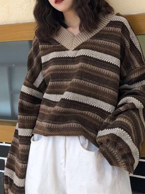 Women Knitted Sweaters Casual V Neck Stripe Pullover Sweater