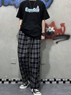 Women Korea Plaid Pant Loose Wild Trousers 2023 Summer Fashion Outfits