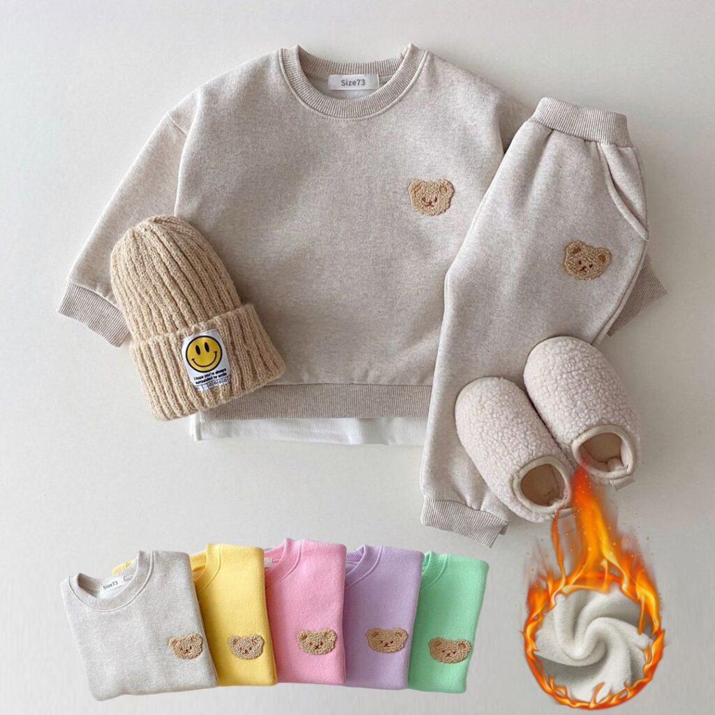 Baby Boys Winter Clothes Sets Warm Bear Velvet Sweatshirt Tops + Harem Pants 2Pcs - Image 2