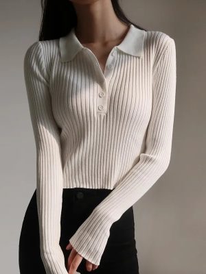 Women Korean Buttons Cropped Knitted Polo Shirt Sweater 2023 Spring Fashion Outfits