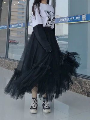 Women High Waist Ruffled Tiered Tulle Pleated Maxi Skirts Spring Outfits