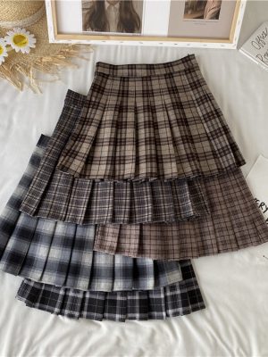 Korean Style Plaid Pleated Skirt Female Spring and Autumn High Waist Thin A-line Short Skirt