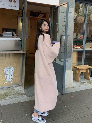 Women Long Pink Soft Loose Lazy Mink Cashmere Cardigans Spring Outfits