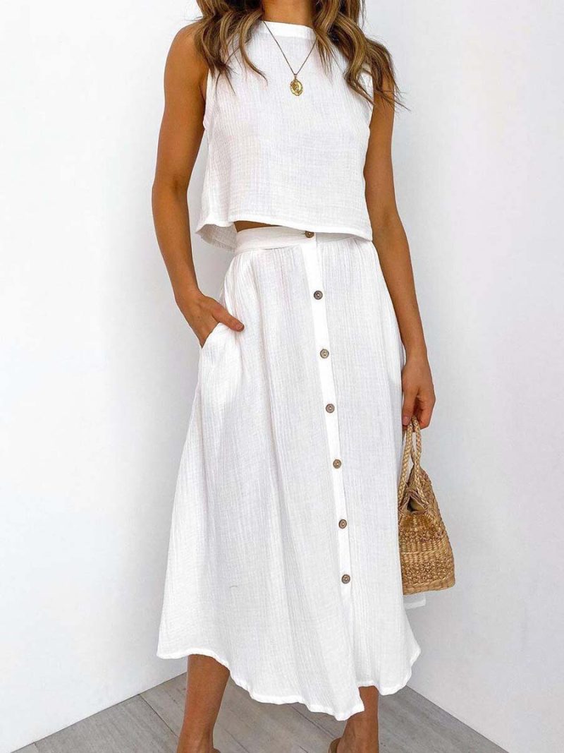 Women Loose Casual White Cotton Skirt Set Sleeveless Crop Tops 2023 Summer Fashion Outfits
