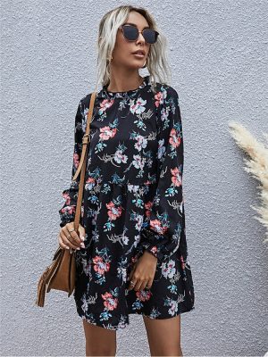 Autumn Winter Fashion Floral Dress Women Casual Full Sleeve High Waist Loose Print Chic Dress