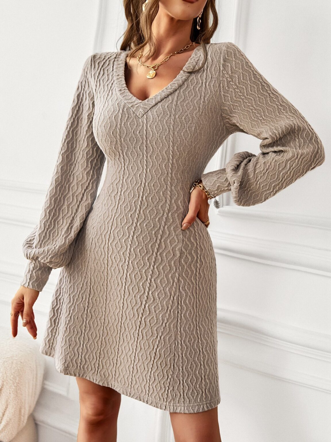 V Neck Sexy High Waist Dress Women Autumn Winter Long Sleeve Solid Color Warm Elegant Dress - Image 2