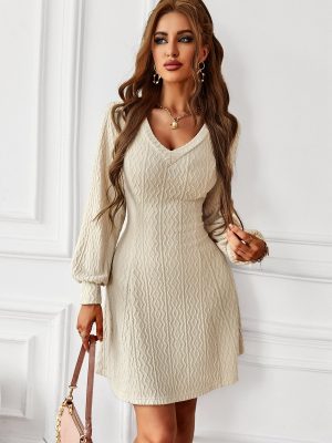 V Neck Sexy High Waist Dress Women Autumn Winter Long Sleeve Solid Color Warm Elegant Dress