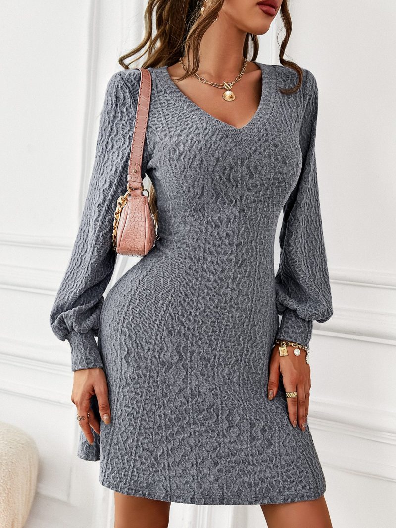 V Neck Sexy High Waist Dress Women Autumn Winter Long Sleeve Solid Color Warm Elegant Dress - Image 5