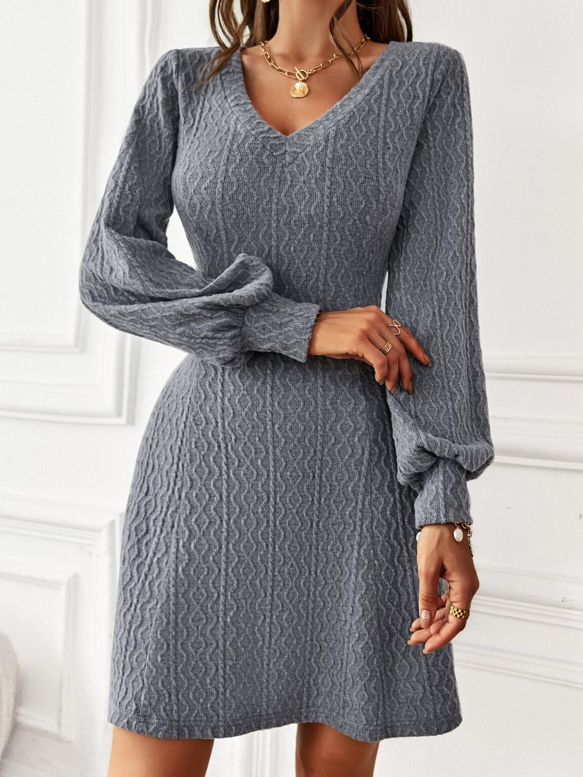 V Neck Sexy High Waist Dress Women Autumn Winter Long Sleeve Solid Color Warm Elegant Dress - Image 6