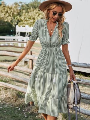 Spring Women’s Striped Dress Causal Short Sleeve Tassel Medium Long Summer V Neck Button Dresses For Female