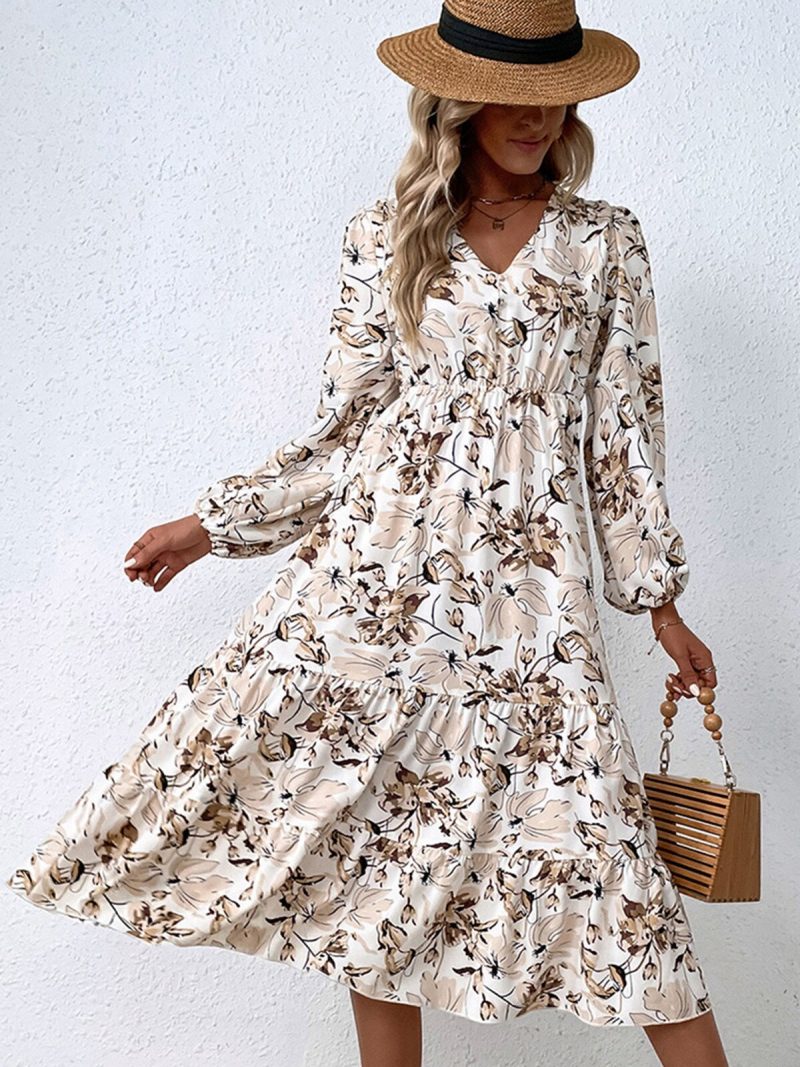 Women Autumn Fashion V Neck Puff Sleeve High Waist Split Swing Floral Printed Long Dress For Female - Image 3