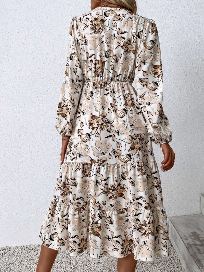 Women Autumn Fashion V Neck Puff Sleeve High Waist Split Swing Floral Printed Long Dress For Female - Image 4