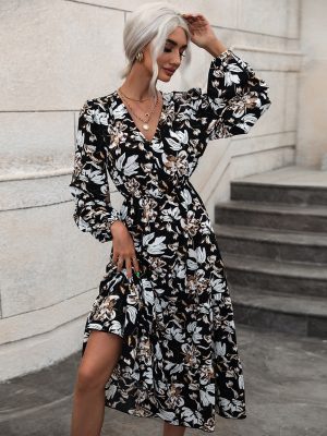 Women Autumn Fashion V Neck Puff Sleeve High Waist Split Swing Floral Printed Long Dress For Female