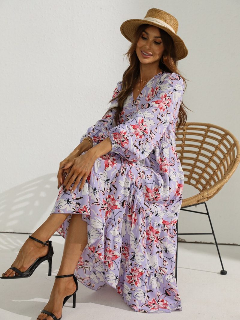 Women Autumn Fashion V Neck Puff Sleeve High Waist Split Swing Floral Printed Long Dress For Female - Image 5