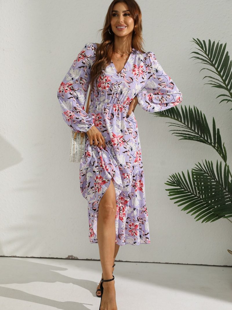Women Autumn Fashion V Neck Puff Sleeve High Waist Split Swing Floral Printed Long Dress For Female - Image 6