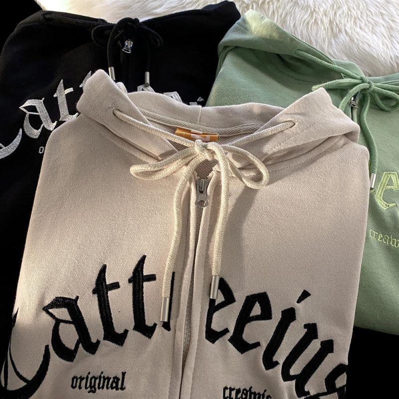 Women New Letter Embroidery Zipper Hoodies Loose Street Style Sweatshirt - Image 5